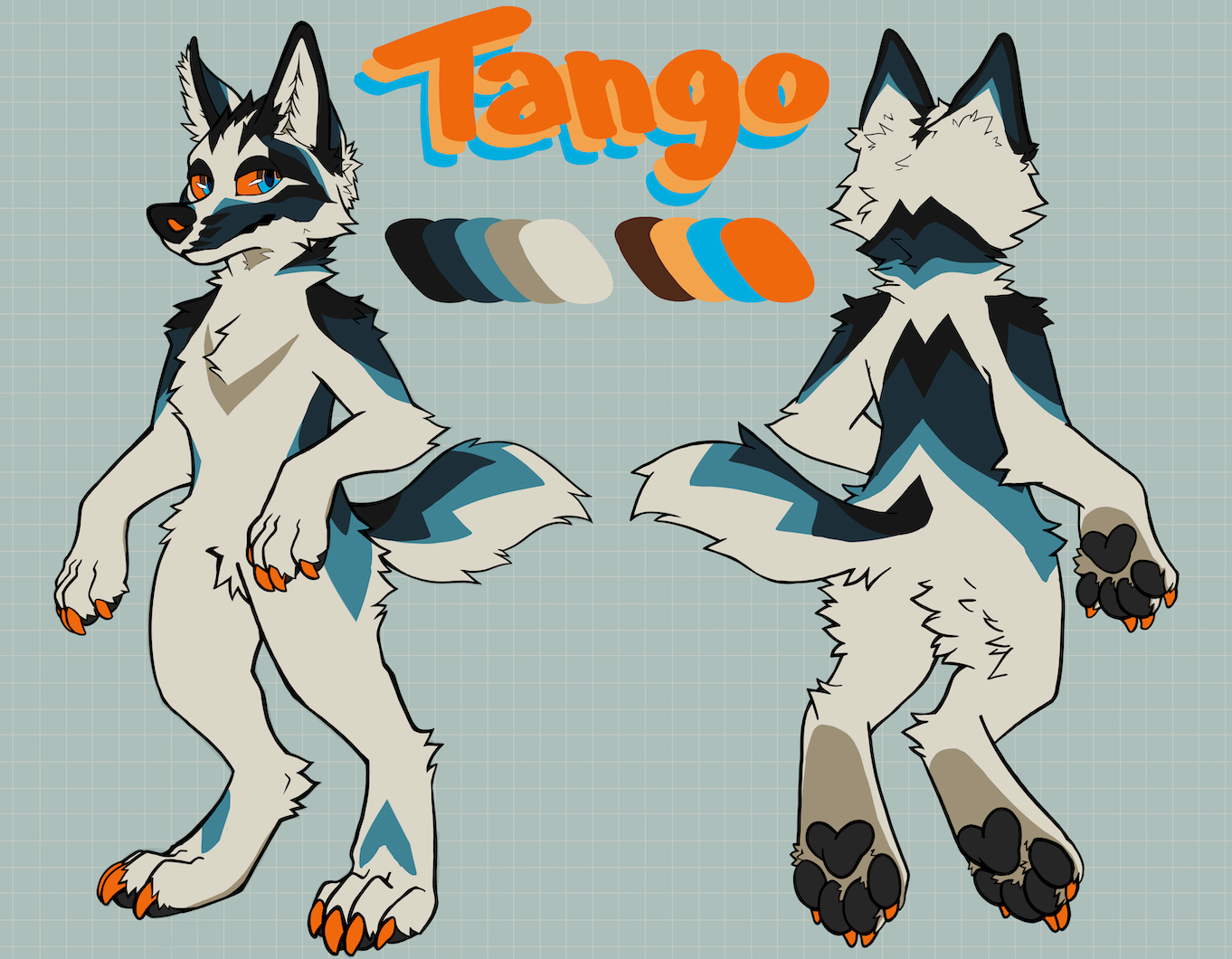 Front and back view of a cream marble fox with teal and black markings